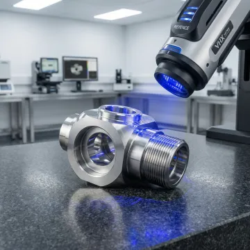 Close-up of a precision metal part being measured with an optical measurement system in an inspection lab