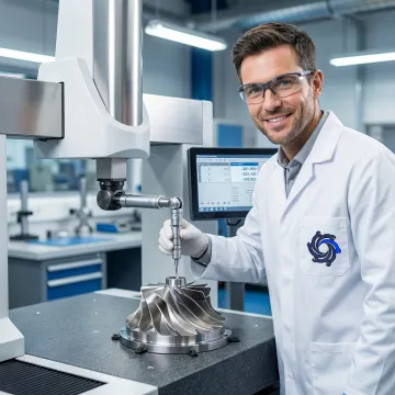 Quality inspection technician using a CMM machine to measure a precision metal part in a manufacturing facility
