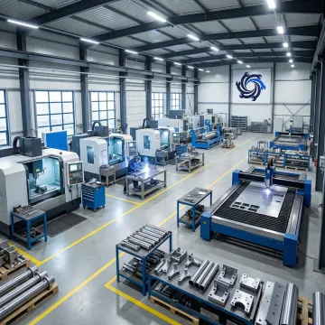Integrated metal fabrication facility showing CNC machines, welding stations, and finished metal components
