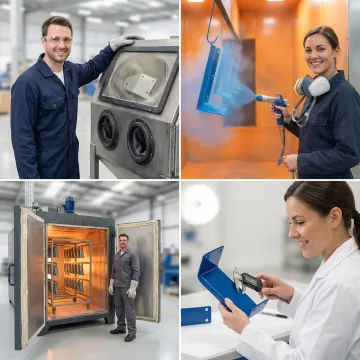 Step-by-step powder coating process in an industrial manufacturing facility