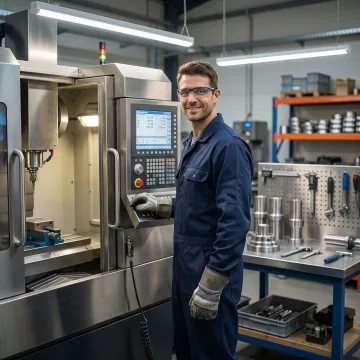Professional metal fabrication technician operating CNC machinery in a manufacturing facility