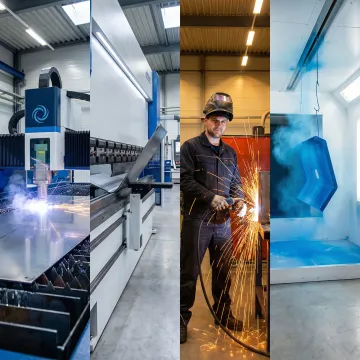 Step-by-step metal fabrication process showing cutting, forming, welding, and finishing in a factory