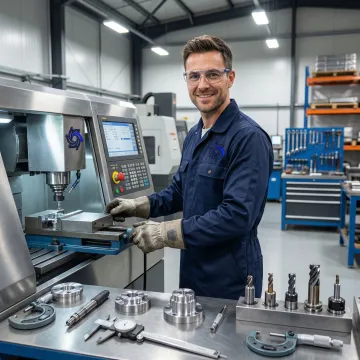 Professional metal fabrication technician operating CNC equipment in a modern workshop