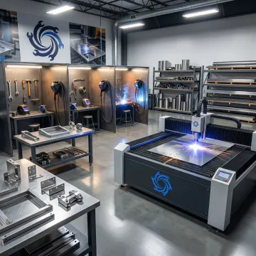 Integrated metal fabrication facility showing cutting, welding, and finishing stations