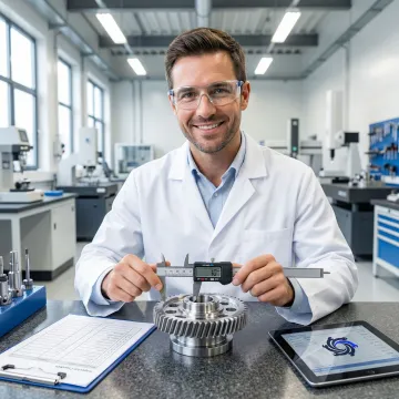 Metrology technician performing step-by-step dimensional inspection of precision metal parts