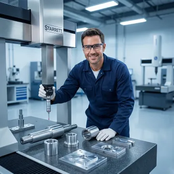 Quality inspector using a CMM coordinate measuring machine to verify precision metal parts