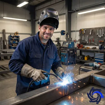 Professional metal welder working on a custom fabrication project in a Detroit workshop