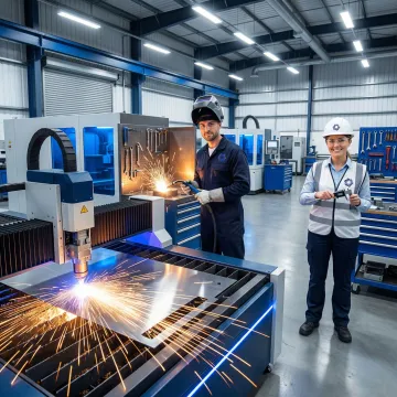 In-house metal fabrication facility showing laser cutting, welding, and inspection equipment