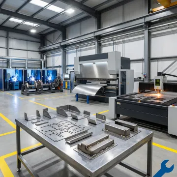 In-house metal fabrication workflow showing cutting, forming, and welding stations in a manufacturing facility