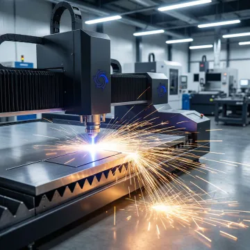 CNC metal cutting machine slicing through steel sheet with precision in a professional fabrication shop