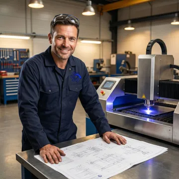 Step-by-step CNC metal cutting workflow showing design review, cutting, and inspection in a fabrication shop