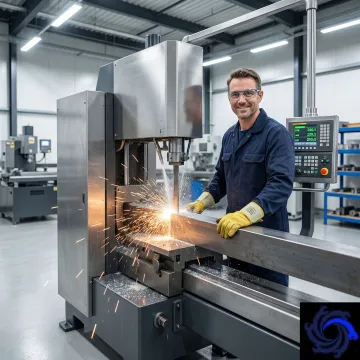 Automated bandsaw precision cutting metal stock in a professional machine shop