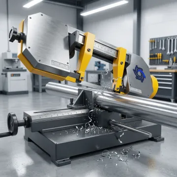 Professional precision saw cutting of metal bar stock in an industrial workshop