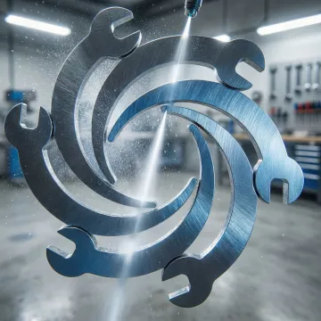 Close-up of water jet cutter producing clean edges on a thick metal part