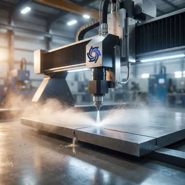 Industrial water jet cutting machine precision-cutting thick metal plate in a manufacturing facility