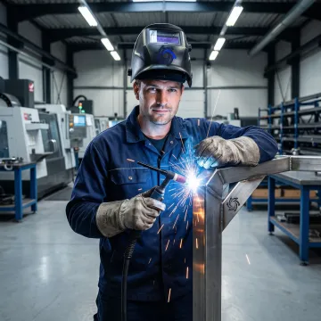 Professional welder performing TIG welding on a metal fabrication assembly in an industrial workshop