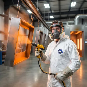 Professional powder coating technician applying durable finish to industrial metal components in a manufacturing facility