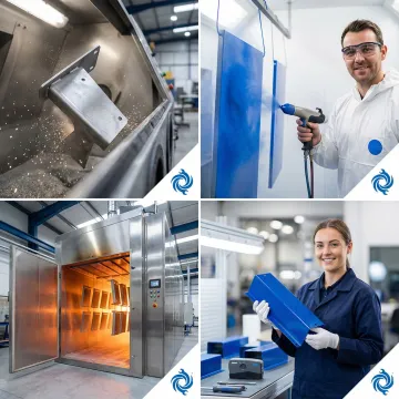 Step-by-step powder coating process showing media blasting, powder application, and curing of metal parts in an industrial facility