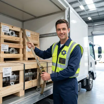 Driver securing metal parts in a box truck for delivery to a manufacturer