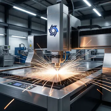 Precision fiber laser cutting machine cutting sheet metal with bright sparks in an industrial workshop