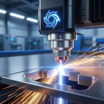 Close-up of fiber laser cutting head processing a steel plate with precision in a fabrication shop