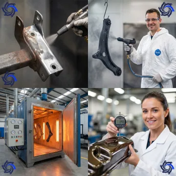 Step-by-step automotive powder coating process from media blasting to finished cured components