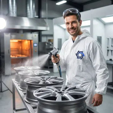Professional automotive powder coating service being applied to car rims in a finishing shop
