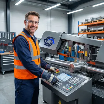 Technician operating precision metal saw cutting equipment in manufacturing facility