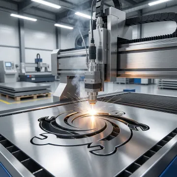 Precision fiber laser cutting machine cutting complex metal sheet profiles in a professional fabrication shop