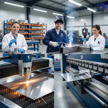 Metal fabrication workflow showing laser cutting, forming, welding, and inspection steps in a manufacturing facility