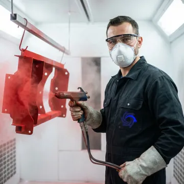 Technician applying powder coating finish to a fabricated metal industrial component