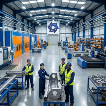 Industrial finishing equipment on a manufacturing shop floor with powder coating and metal fabrication in progress