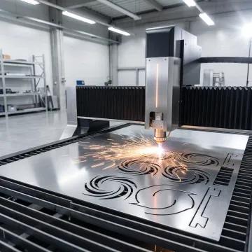 Precision laser cutting machine cutting intricate metal sheet profiles in a professional workshop