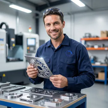 Technician reviewing precision cut metal parts in a fully equipped manufacturing facility