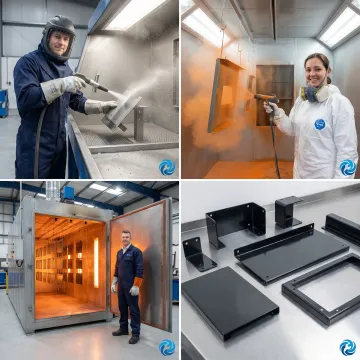 Step-by-step powder coating process showing surface prep, blasting, coating application, and curing in an industrial shop