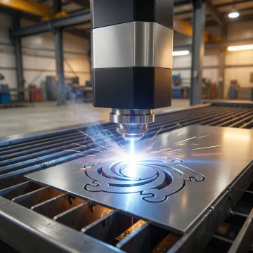 Close-up of a fiber laser cutting intricate profiles into metal sheet with clean, precise edges
