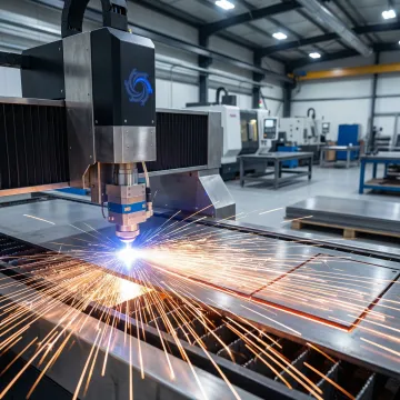 Professional laser metal cutting machine cutting sheet metal with precision in an industrial fabrication shop