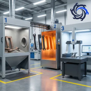 Metal parts moving through an integrated coating and inspection workflow in a manufacturing facility