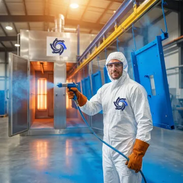 Technician applying powder coating to a metal component in an industrial facility