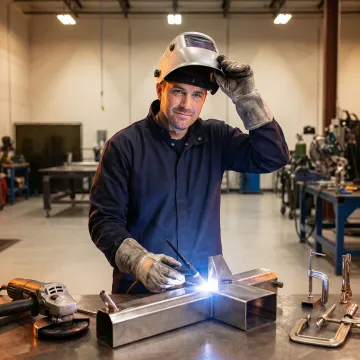 Professional welder working on custom metal fabrication in an industrial workshop