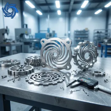 Stainless steel laser-cut parts with clean edges laid out on a fabrication workbench