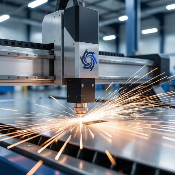CNC fiber laser cutting stainless steel sheet with bright sparks in a metal fabrication shop