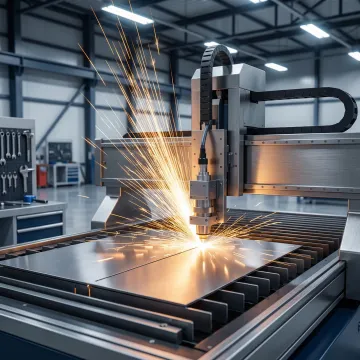 Industrial metal cutting machine producing precision cuts on sheet metal in a Michigan manufacturing facility