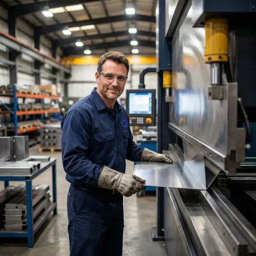 Professional metal forming technician operating a press brake machine in a fabrication shop