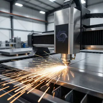 Precision fiber laser cutting machine cutting intricate metal sheet profiles in a fabrication shop