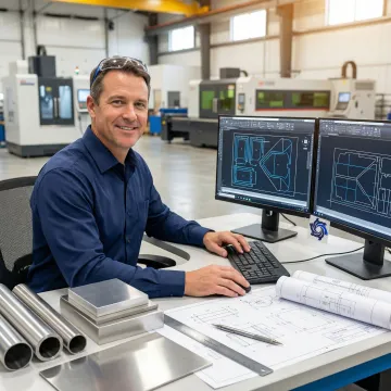 Engineer reviewing laser cutting job setup on a computer with CAD drawings and metal parts on workbench