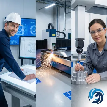 Step-by-step laser cutting process showing DXF review, fiber laser cutting, and CMM inspection of metal parts