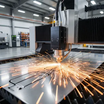 Precision fiber laser cutting machine cutting intricate metal sheet profiles in a professional manufacturing facility