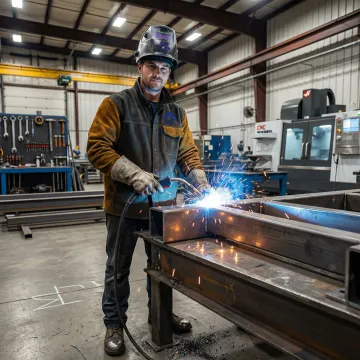 Professional welder working on steel components in a metal fabrication shop