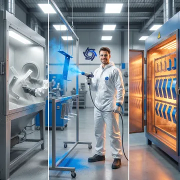 Metal parts moving through the powder coating process steps in an industrial shop